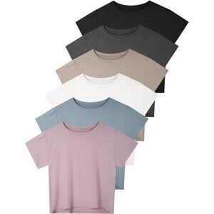 Womens Crop Top Short Sleeve Workout Shirts Gym Yoga Running Loose Fit Tees